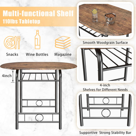JUMMICO 3-Piece Wooden Round Table & Chair Set, Space Saving Kitchen Breakfast Nook Wood Grain Tabletop with Metal Frame and Built-in Wine Rack for JUMMICO