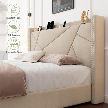 Feonase Beige King Size Platform Bed Frame with 4 Storage Drawers and Charging Station - WoodArtSupply