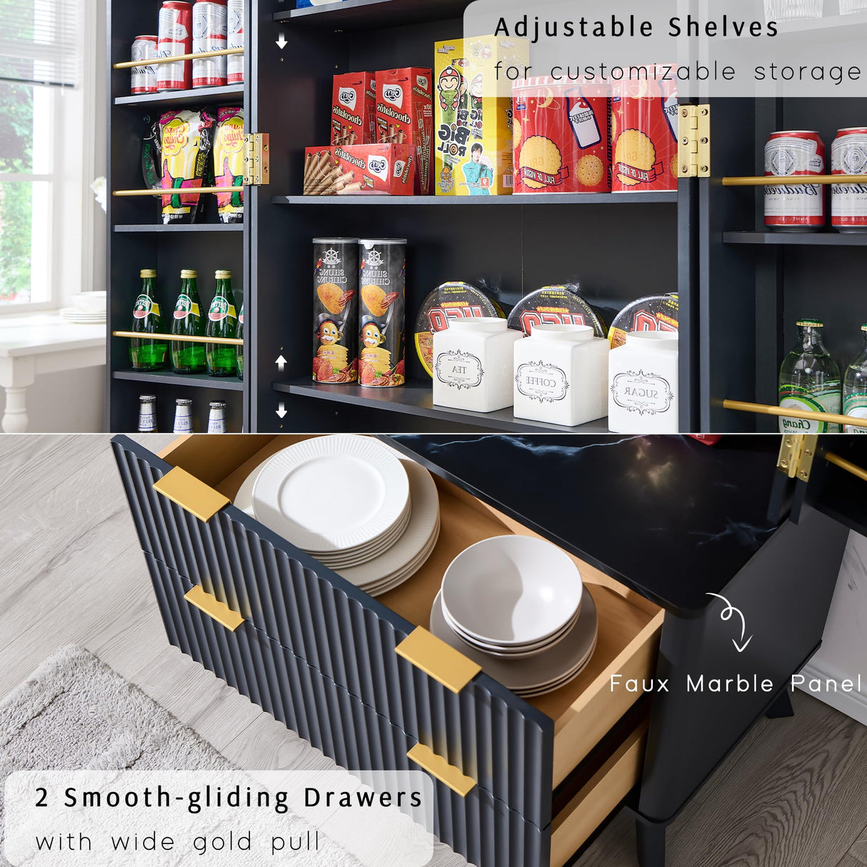 OKD 72" Pantry Cabinet, Fluted Modern Kitchen Hutch, Tall Storage Cabinet with 10 Door Shelves & 2 Drawers, Wood Cupboard for Kitchen & Living Room, Dark Grey OKD