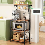 Kitchen Bakers Rack with Power Outlet 10 Hooks, 4 Tiers Coffee Bar Station Cabinet, Microwave Stand with Storage (Rustic Brown, 21.7 x 14.2 x 49.6 Inch) SNTD