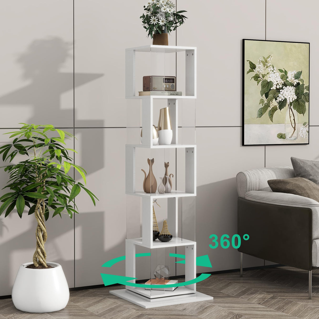 Rotating 360° Display Bookshelf by Rpuzonier - 5 Tier White Storage Rack with Acrylic Plates Rpuzonier