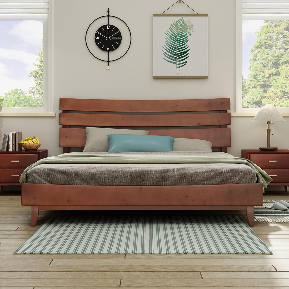 LUXOAK Mid-Century Solid Wood King Bed Frame with Headboard - No Box Spring Required LUXOAK
