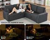 VanAcc Sofa Bed, 85 Inch Sleeper Couch with Storage Seat, L Shaped Sofa with Pull Out Sofa Bed, Sectional Couches for Living Room Apartment, Grey Linen Couch Sofa VanAcc