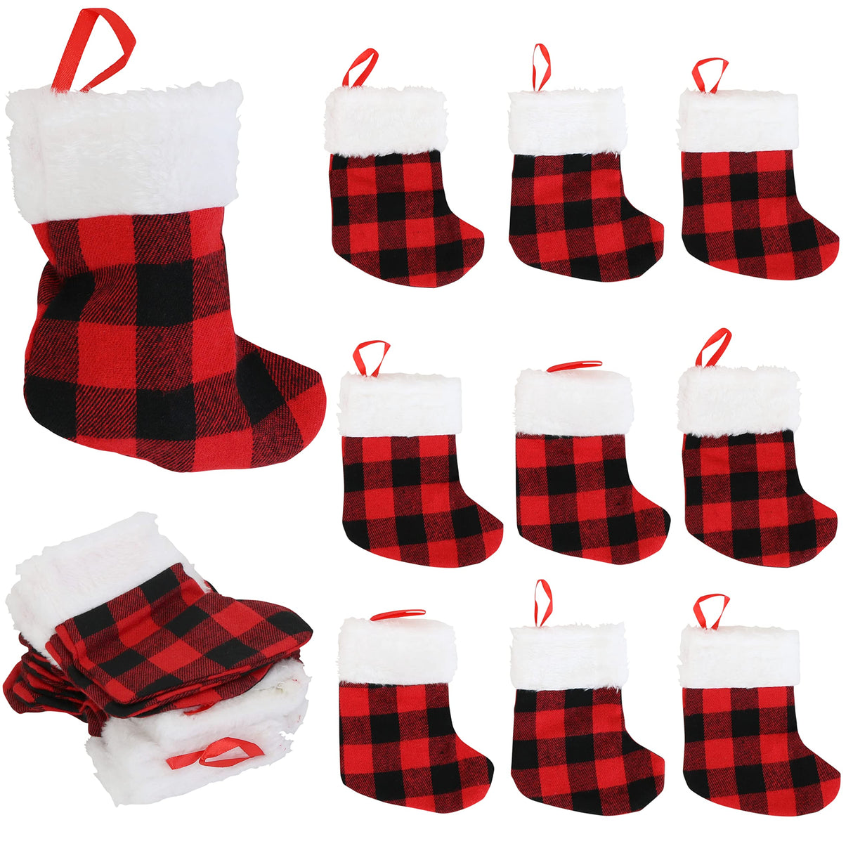 Iconikal 24-Pack Mini Christmas Stockings, 6-Inch, Red Buffalo Plaid Decoration Ornament Iconikal