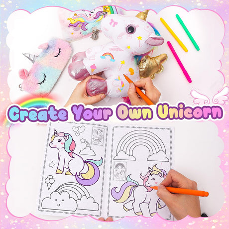 HAPGFS Unicorn Plush and Coloring Book Gift Set, Kids Arts and Crafts Soft DIY Doodle Dolls, Stuffed Animal Toys for Girls Age 3 4 5 6 7 8 Birthday Christmas HAPGFS
