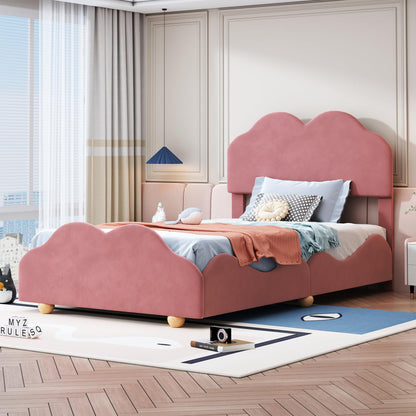 Kids Twin Platform Bed with Cloud Shaped Headboard and Footboard, Velvet Upholstered Twin Size Bed Frame with Wooden Slats Support for Bedroom, No Box-Spring Needed, Dark Pink