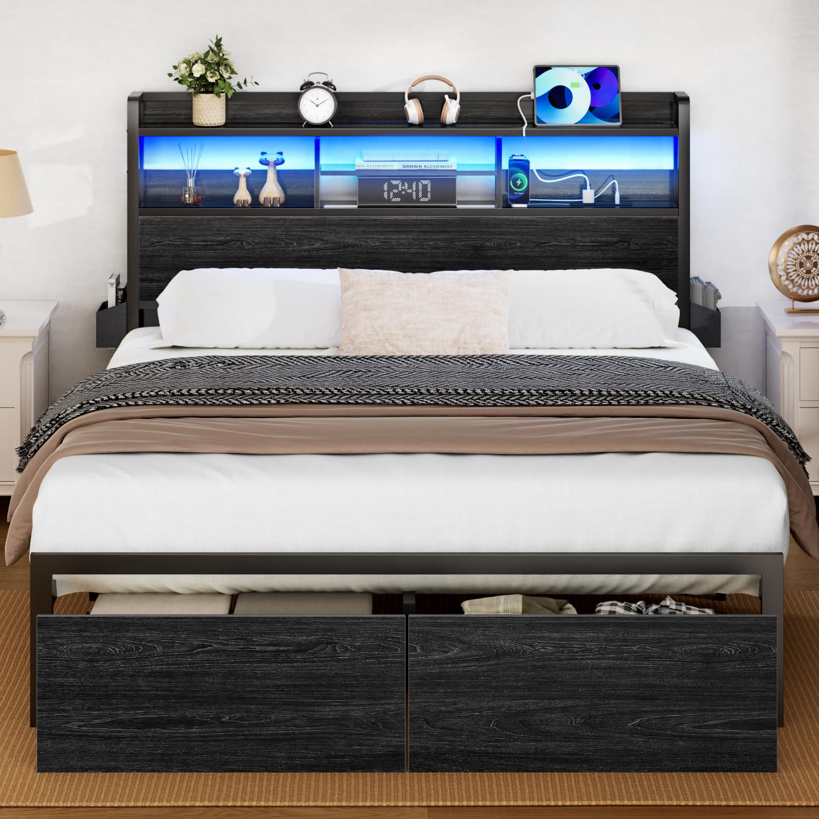 Furnulem Queen Bed Frame with Wood Headboard, Storage Drawers, LED Lights and Charging Station - Black - WoodArtSupply