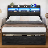 Furnulem Full Size Bed Frame with Wood Headboard, Metal Platform Bed Frame Full Size with Storage Drawers and Shelf, LED Lights and Charging Station, No Box Spring Needed, Noise Free, Black Furnulem