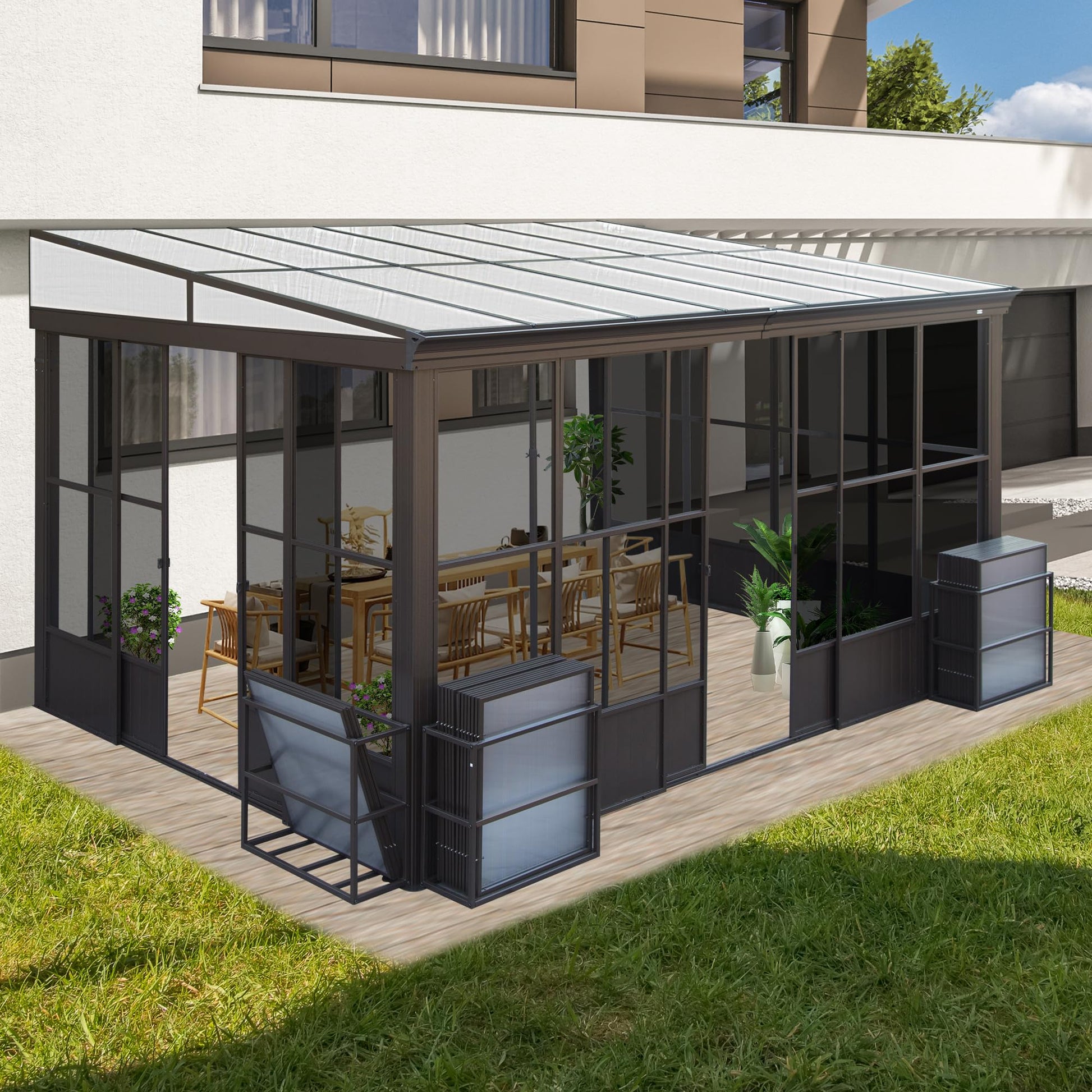 SHPAI 10x12FT Wall Mounted Sunroom, Outdoor Permanent Lean-to Solarium with Detachable Polycarbonate Roof, 2 Lockable Sliding Doors, Aluminum Gazebo Against The Wall Sun Room for Garden Patio - WoodArtSupply