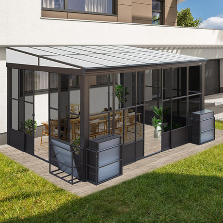SHPAI 10x12FT Wall Mounted Sunroom, Outdoor Permanent Lean-to Solarium with Detachable Polycarbonate Roof, 2 Lockable Sliding Doors, Aluminum Gazebo Against The Wall Sun Room for Garden Patio Deck SHPAI