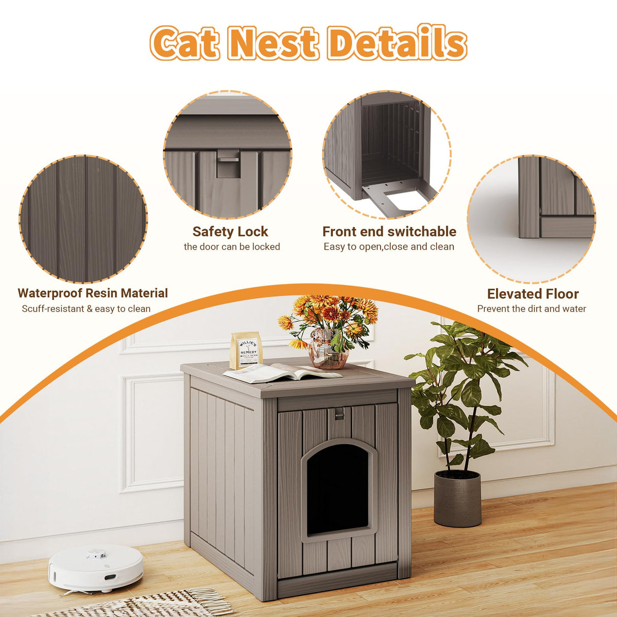 KFY Cat Litter Box Enclosure Multi-Functional Hidden Litter Box Furniture with Raised Floor Easy to Clean Easy Assembly for Living Room Bedroom, Gray KFY