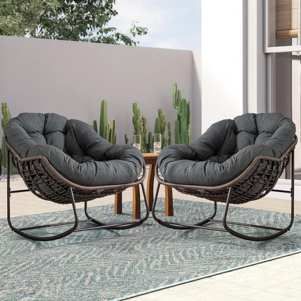 Outdoor Patio Rocking Chair, Oversized Papasan Chair with Cushion and Frame, Comfy Rattan Wicker Egg Chairs Indoor, Modern Lounge Rocker for Front Porch Living Room Bedroom (Dark Grey, Set of 1) SLEERWAY