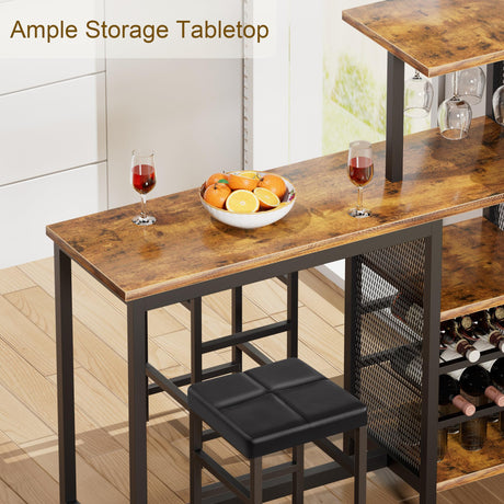 VECELO Bar Table and Chairs Set for 2, 3-Piece Dining Set with Storage Shelves, Cup Holder & Wine Rack, PU Leather Cushion Stools, for Kitchen Small Space, Brown VECELO