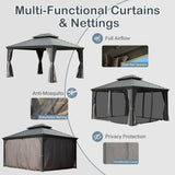 Domi 10x14FT Hardtop Gazebo, Permanent Outdoor Gazebo with Galvanized Steel Double Roof and Aluminum Frame, Curtain and Netting, Pavilion Gazebo for Patio Deck Garden, Grey domi outdoor living