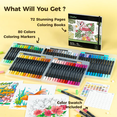 Ohuhu Markers Brush Tip 80-Colors with 72-Sheet Coloring Book - Double Tipped Markers for Adults Coloring Books - Art Marker Set Bundles with 100% Bleed-Proof Coloring Pages - Fine & Brush Dual Tips Ohuhu