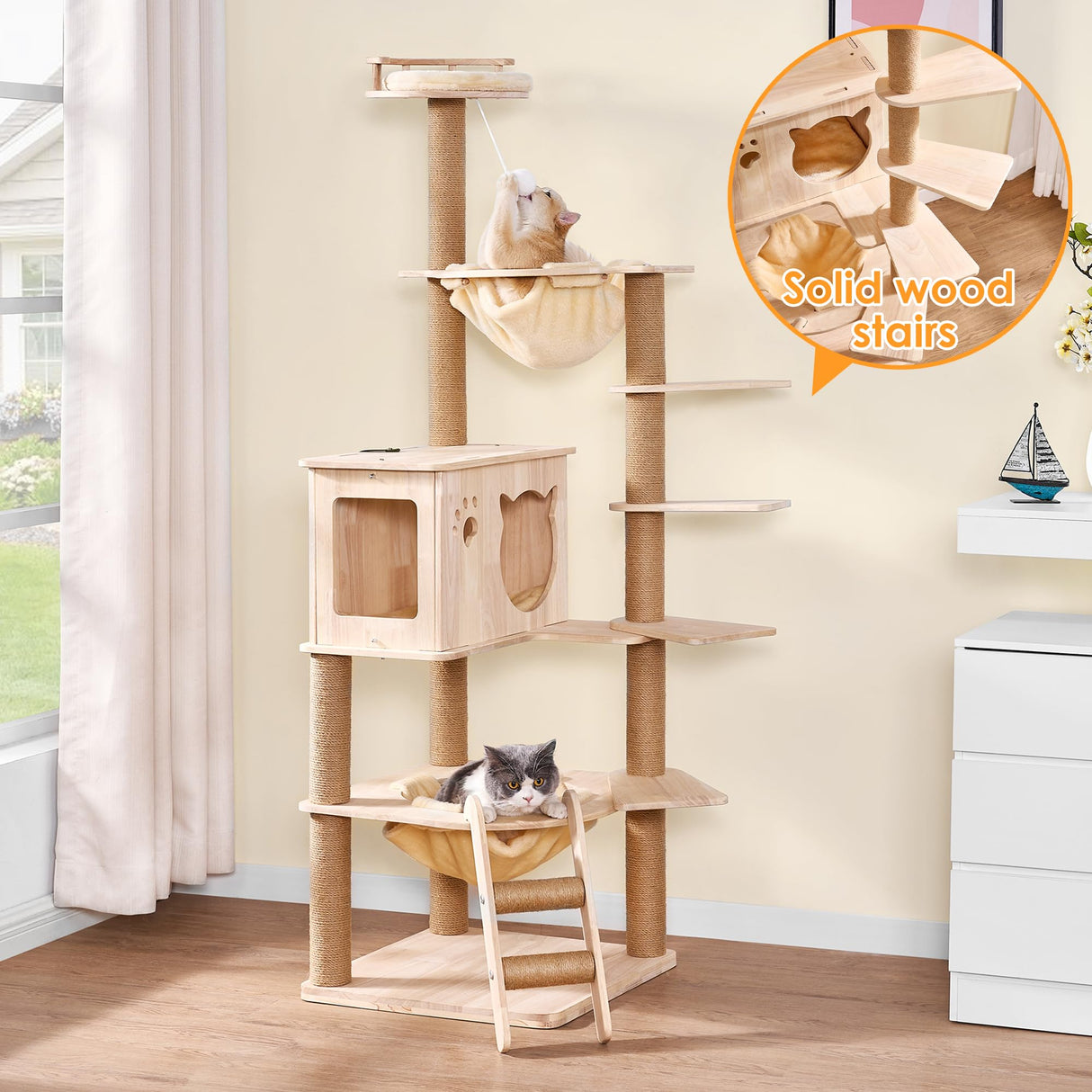 BEWISHOME Wood Cat Tree for Indoor Cats Large Adult, Cat Tower with 2 Hammocks,Sisal Scratching Post,Multi-Level,Washable Removable Cushions and Dangling Ballor Fun Play Cat Condo (Beige 62.2") MMJ61Y BEWISHOME