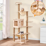 BEWISHOME Wood Cat Tree for Indoor Cats Large Adult, Cat Tower with 2 Hammocks,Sisal Scratching Post,Multi-Level,Washable Removable Cushions and Dangling Ballor Fun Play Cat Condo (Beige 62.2") MMJ61Y BEWISHOME