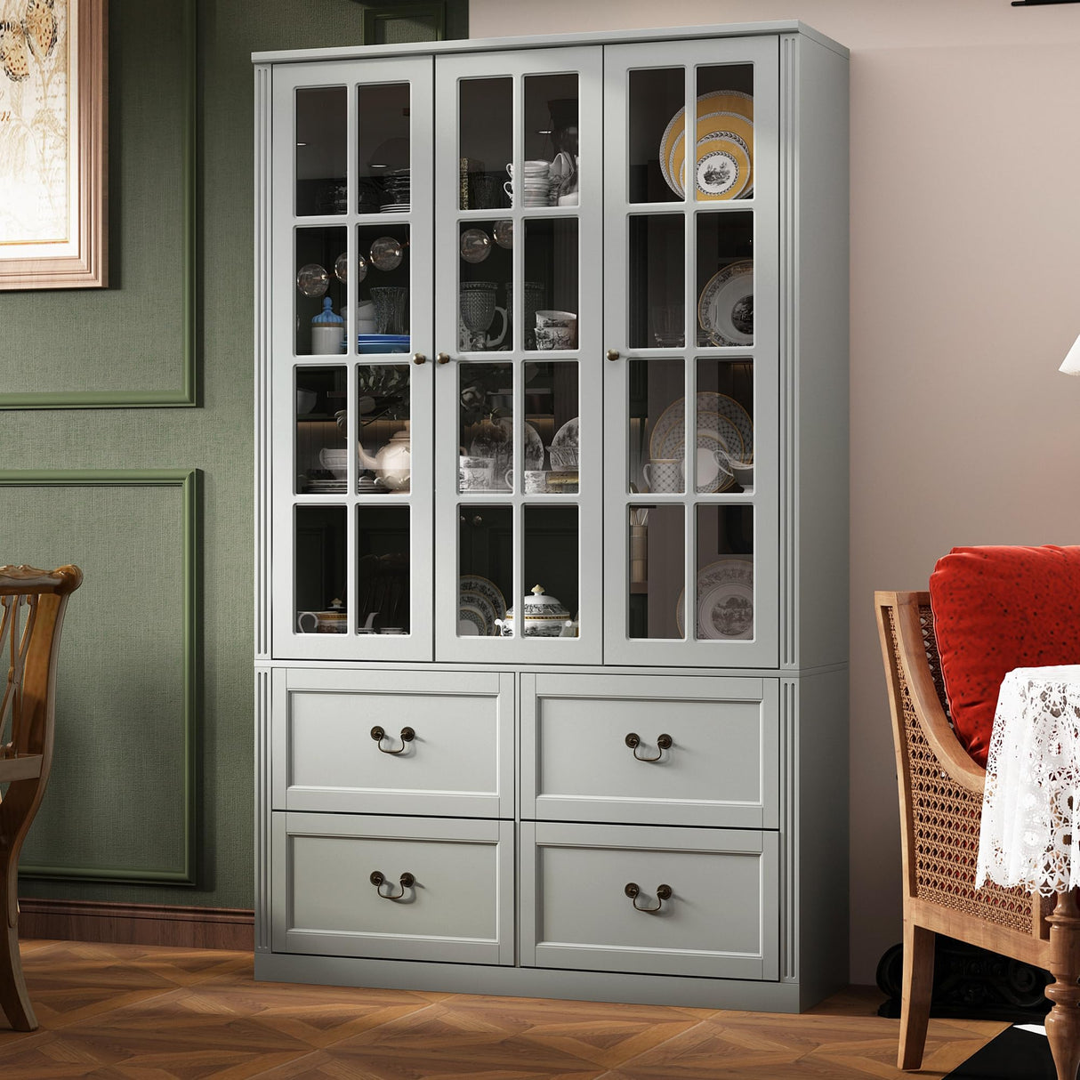 Homsee 78.7" H Bookcase Bookshelf with 8-Tier Shelves, 4 Drawers & 3 Glass Doors, Wooden Display Storage Cabinet for Home Office, Living Room, Green Grey Homsee