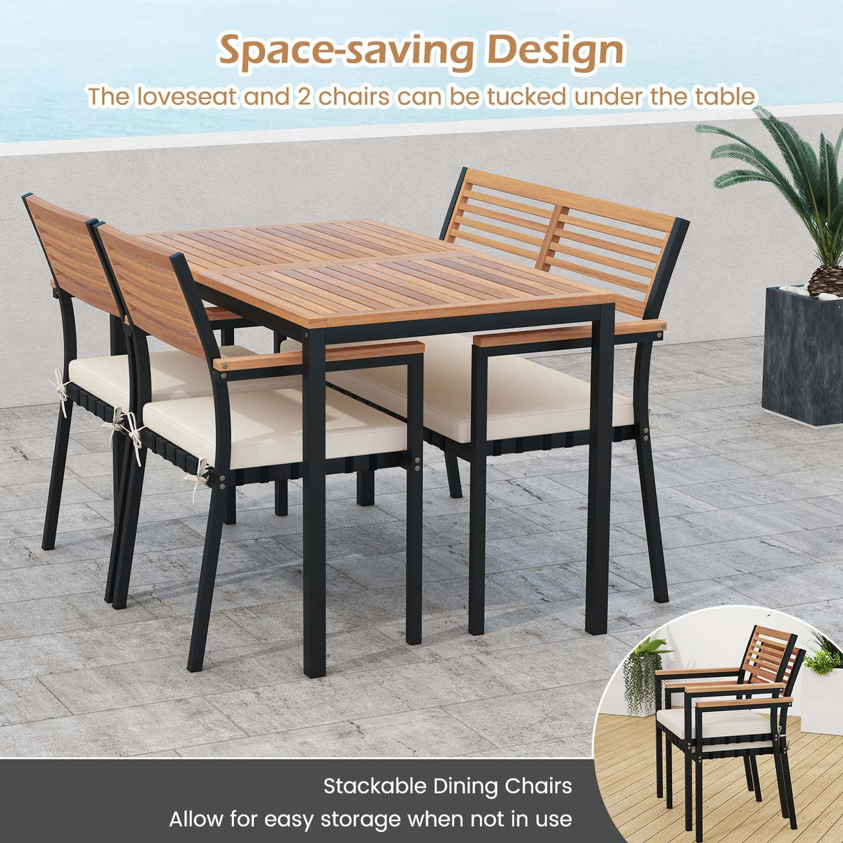 Toolsempire 4 Pieces Patio Dining Table Set, Outdoor Rectangle Table w/Loveseat & 2 Stackable Chairs, Cushions, Umbrella Hole, Acacia Wood Armrests & Tabletop, Dinette Furniture for Backyard Garden Toolsempire