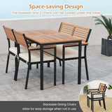 Toolsempire 4 Pieces Patio Dining Table Set, Outdoor Rectangle Table w/Loveseat & 2 Stackable Chairs, Cushions, Umbrella Hole, Acacia Wood Armrests & Tabletop, Dinette Furniture for Backyard Garden Toolsempire