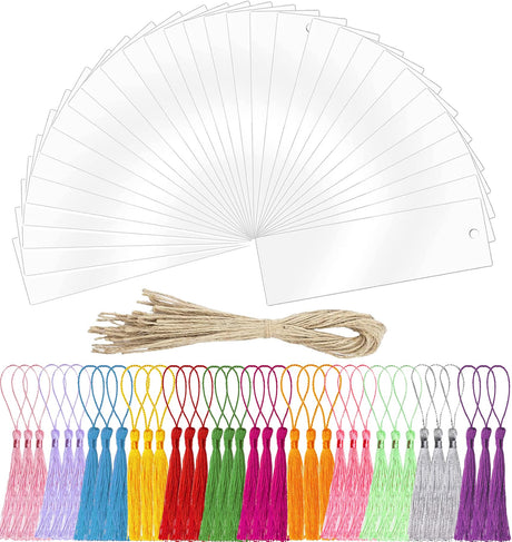 Acrylic Blank Bookmark, BetterJonny 30Pcs Clear Craft Bookmark Acrylic Book Markers with 36Pcs Bookmark Tassels and 30Pcs Ropes Unfinished Rectangle Book Marker Tags for DIY Projects and Present Tags BetterJonny