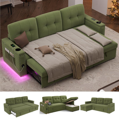HIFIT Sleeper Sofa Bed- 87" L Shaped Pull Out Couches for Living Room with Storage Chaise, Storage Armrest, LED Light&USB Port&Cupholder, Modern Velvet Sectional Home Sofa Living Room Furniture, Green