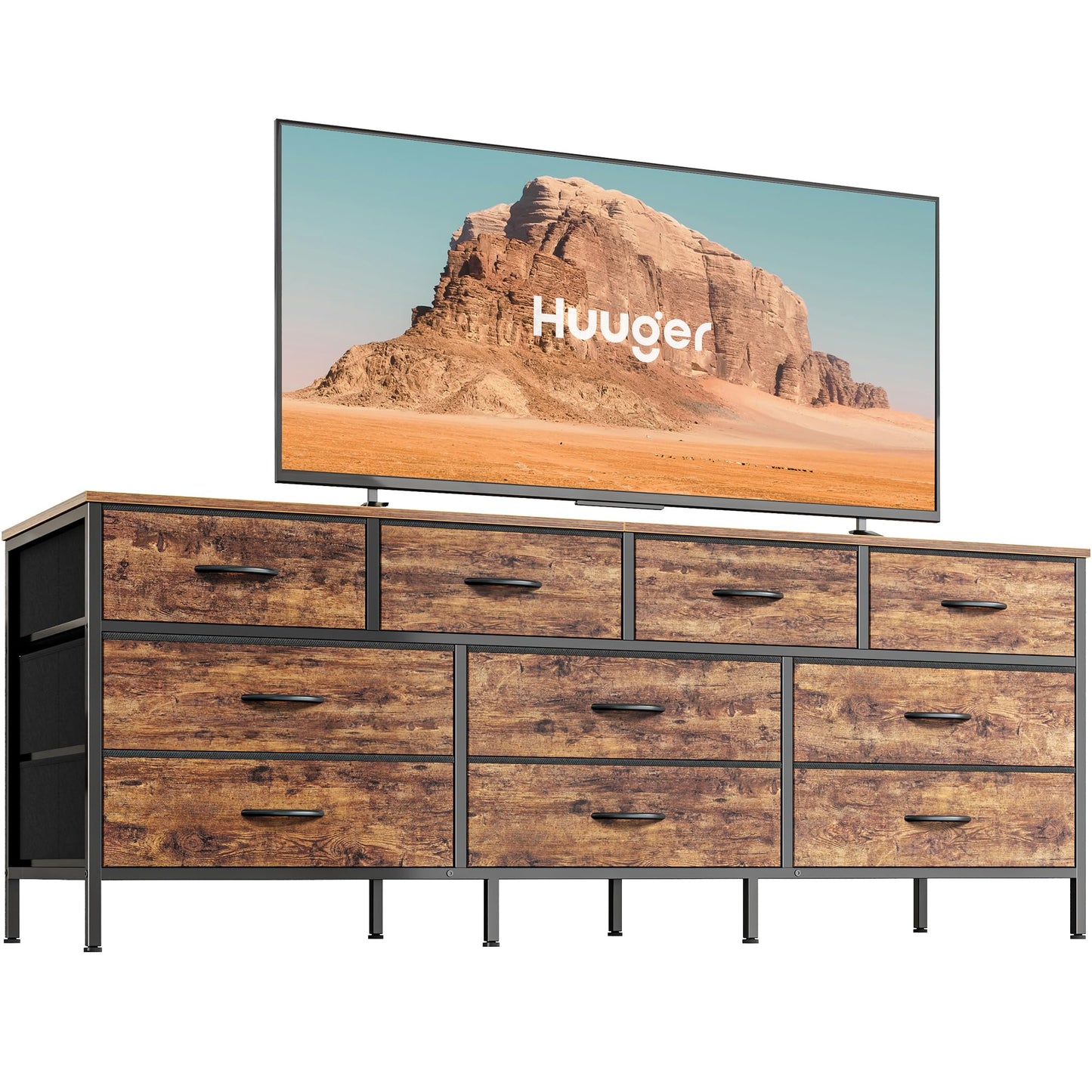 Huuger 63 Inch TV Stand Dresser for Bedroom, Long Dresser with 10 Fabric Drawers, TV Stand for 55, 65, 70 Inch TV, Entertainment Center, Wide Chest of Drawer, Rustic Brown