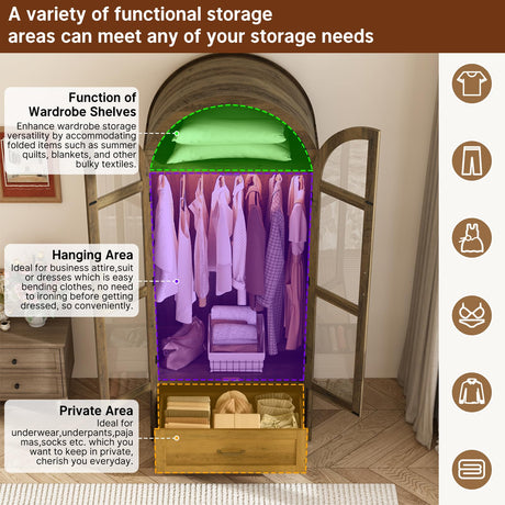 chartustriable 2 Doors Arched Armoire Wardrobe Closet w/Drawers,LED Light,Wooden Closet Wardrobe Cabinet with Hanging Rod for Bedroom,Modern Armoire Storage Cabinet w/Shelf,Rustic Oak chartustriable