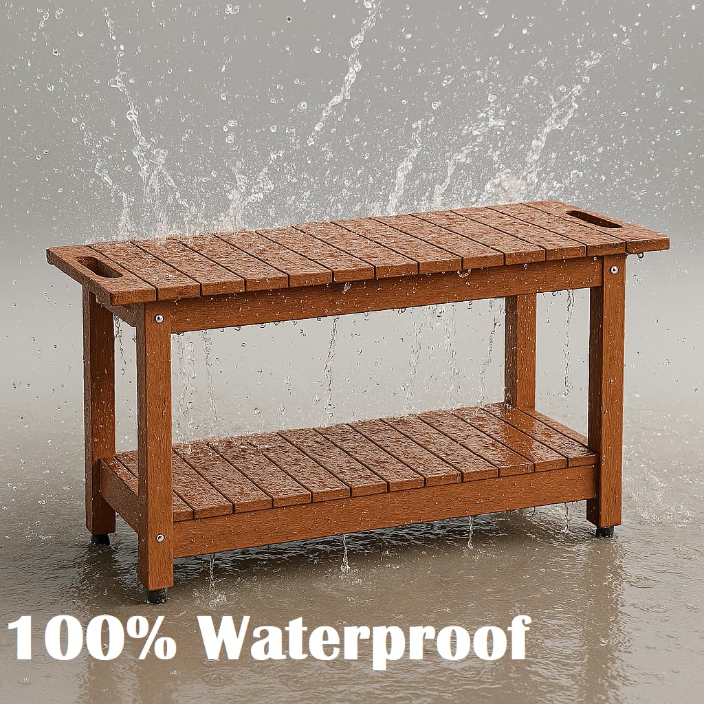 LAHAAP 35" Shower Bench, Waterproof Poly Lumber Shower Stool for Shaving Legs, Shower Chair Seat Holds up to 400lbs, Bathroom Bench for Inside Shower, Non-Slip (Brown) LAHAAP