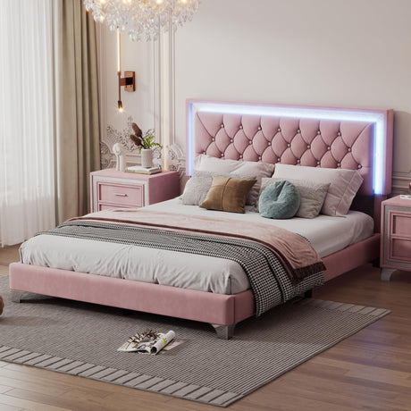 Merax Upholstered Platform Bed, Queen Size LED Velvet Fabric Wooden Bed Frame with LED Lights & Tufted Headboard for Bedroom, Wood Slat Support, No Box Spring Needed, Easy Assembly (Pink) Merax