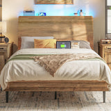LINSY Wood Bed Frame, Full Bed Frame with Headboard LED, Wooden Platform Frames with Charging Station, No Box Spring Needed, Easy Assembly, Rustic Brown LINSY
