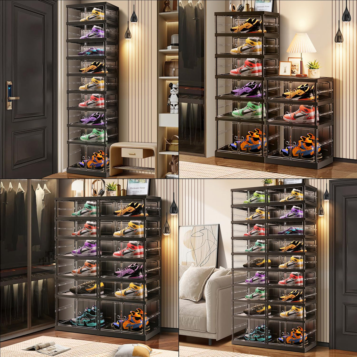 CIMLORD 9-Tier Foldable Shoe Rack for Closet Entryway 18-36Pairs,Stackable Clear Shoe Storage Boxes Organizer With Door Plastic Shoe Cabinet Bins with Lids Shoes Shelf Easy Assembly Large Black CIMLORD