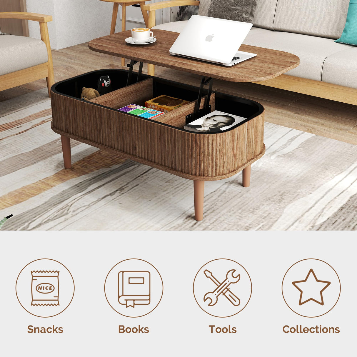 Fluted Lift Top Coffee Table with Hidden Storage, Oval Coffee Table with Lifting Top, Mid Century Modern Design for Living Room, Office & Small Spaces(Walnut) Cuzobro