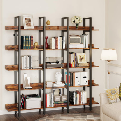 IRONCK Bookcase and Bookshelves Triple Wide 5 Tiers Large Open Shelves, Etagere Bookcases with Back Fence for Home Office Decor, Easy Assembly, Vintage Brown IRONCK