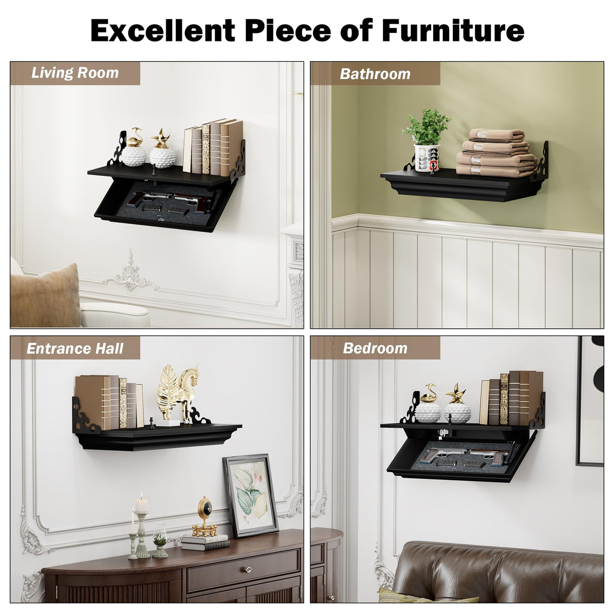 HNEBC 24" Compact Gun Shelf with Hidden Compartment, Floating Wall Mount Gun Rack for Living Room Decor, Solid Wood Concealed Furniture for Secure Gun Storage (Black) HNEBC