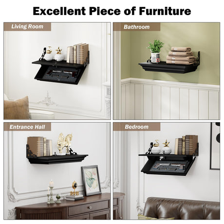 HNEBC 24" Compact Gun Shelf with Hidden Compartment, Floating Wall Mount Gun Rack for Living Room Decor, Solid Wood Concealed Furniture for Secure Gun Storage (Black) HNEBC