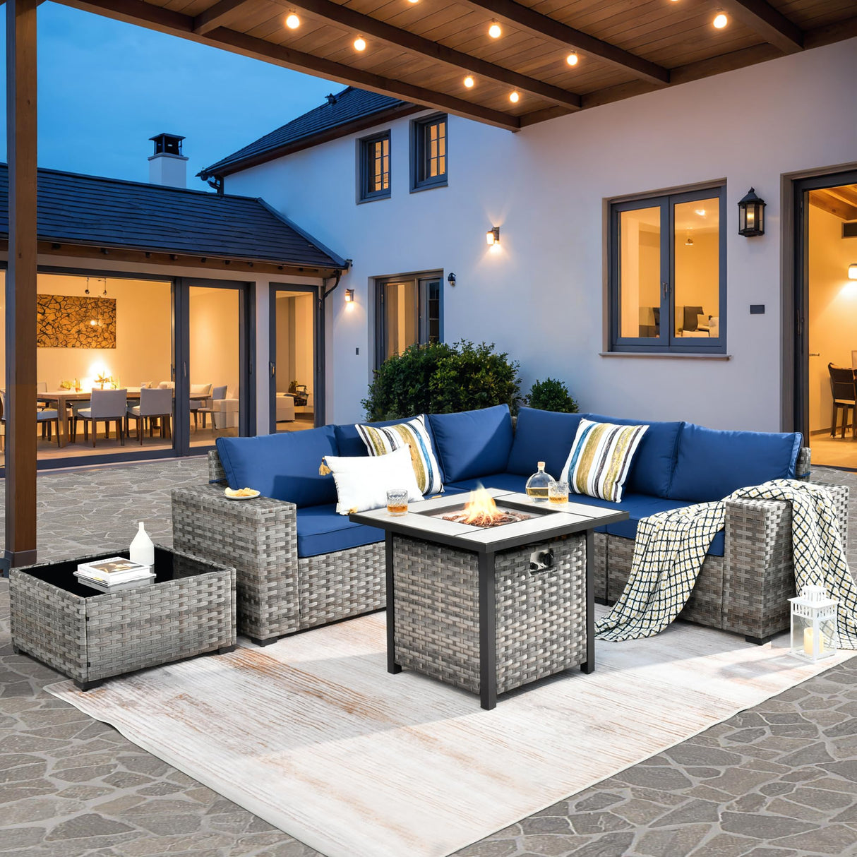 ovios 7 Pieces Patio Furniture Set, Outdoor Wicker Sectional Sofa with 30 Inch Fire Pit Table Comfy Cushions, Modern Modular Deep Seat Rattan Couch Conversation Set, Navy Blue ovios