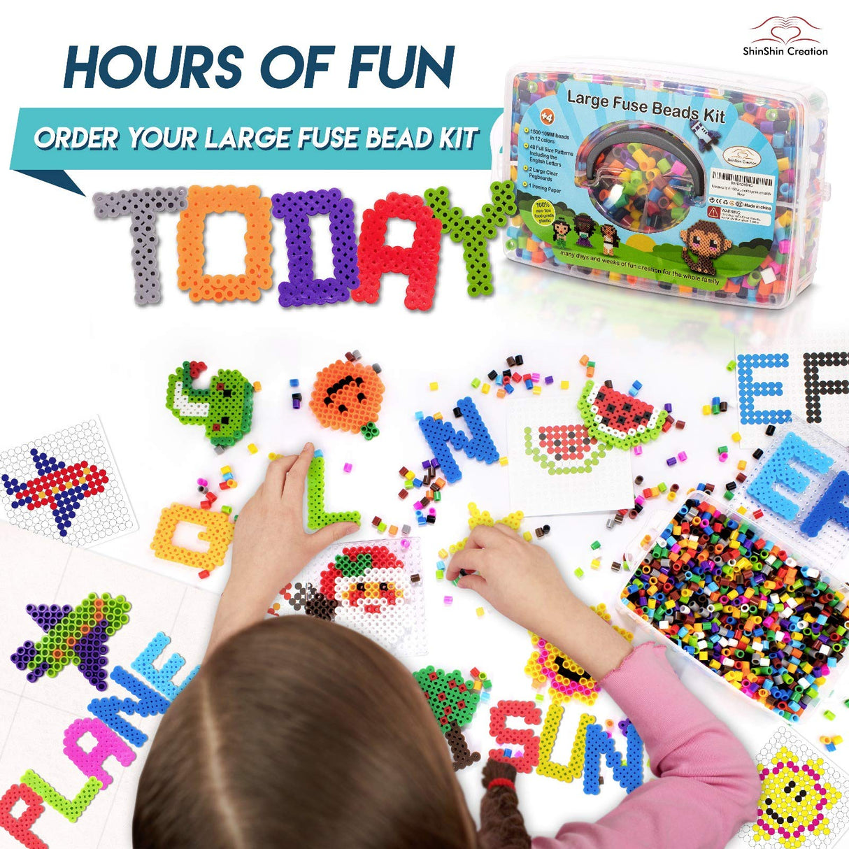 Fuse Beads kit of 1500 Large 10MM Melty Beads Perfect for Ages 4-7 with 48 Patterns and pegboard Arts and Crafts for Girls and Boys shinshin creation