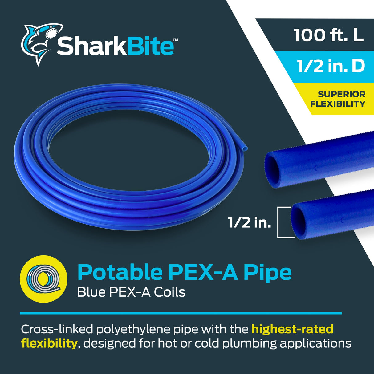 SharkBite 1/2 Inch x 100 Feet Blue PEX-A, PEX Pipe Flexible Water Tubing for Plumbing, UA60B100 SharkBite