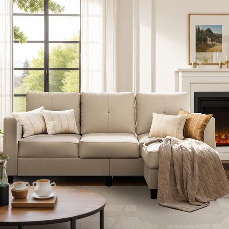 Shintenchi Convertible Sectional Sofa Couch, Modern Linen Fabric L-Shaped Couch 3-Seat Sofa Sectional with Reversible Chaise for Small Living Room, Apartment and Small Space (Light Brown) Shintenchi