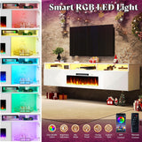 AMERLIFE 70in Floating Fireplace TV Stand with 36" Electric Fireplace and LED Lights, Wall Mounted Entertainment Center with Storage, Modern Media Console for TVs Up to 80", White AMERLIFE