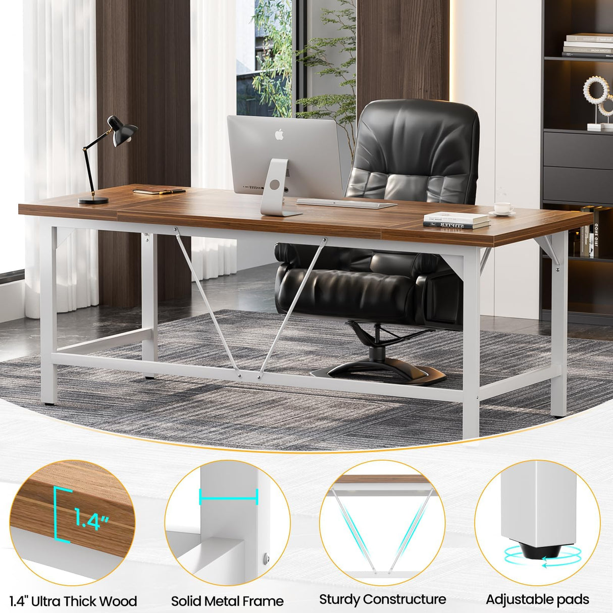 Unikito 70.8 Inch Extra Long Computer Desks, Heavy Duty Large Office Executive Desk, Sturdy 2 Person Desk, Premium Thick Study Writing Table Computer Table for Home Office Workstation, Rustic/White Unikito