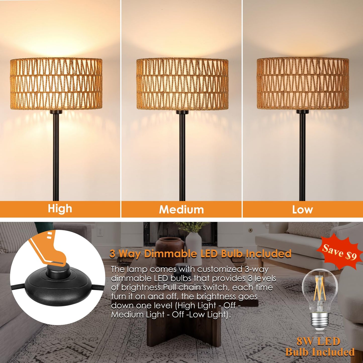 Rattan Floor Lamps for Living Room, Rattan Boho Floor Lamp, Black Metal Floor Lamp with LED Bulb, Rattan Fabric Double Shades, Farmhouse Rustic Floor Lamp, Standing Lamp for Living Room Bedro - WoodArtSupply