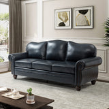HULALA HOME 81'' Upholstered Leather Sofa with Removable Cushion, Mid-Century Modern Living Room 3-Seater Couch, Full Grain Leather Couch with Nailhead Trim and Rolled Arm for Bedroom Apartment, Navy HULALA HOME