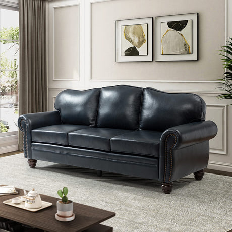 HULALA HOME 81'' Upholstered Leather Sofa with Removable Cushion, Mid-Century Modern Living Room 3-Seater Couch, Full Grain Leather Couch with Nailhead Trim and Rolled Arm for Bedroom Apartment, Navy HULALA HOME