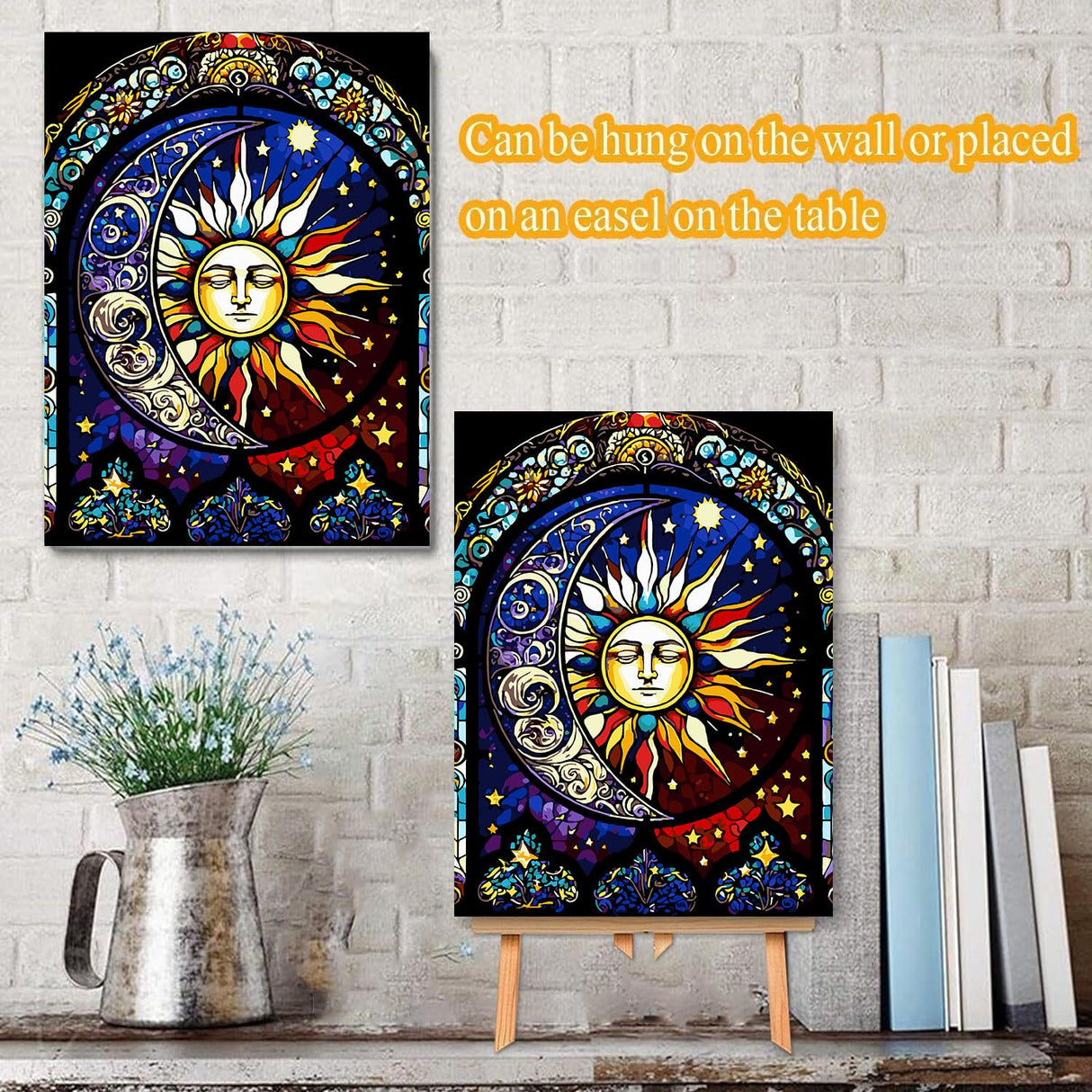 Paint by Numbers Kit for Adults,Stained Glass Paint by Numbers Kit for Beginner Sun Moon Paint by Numbers Kits for Home Table and Gift for Wall Decor 12x16 inch Framed and Easel Meothan