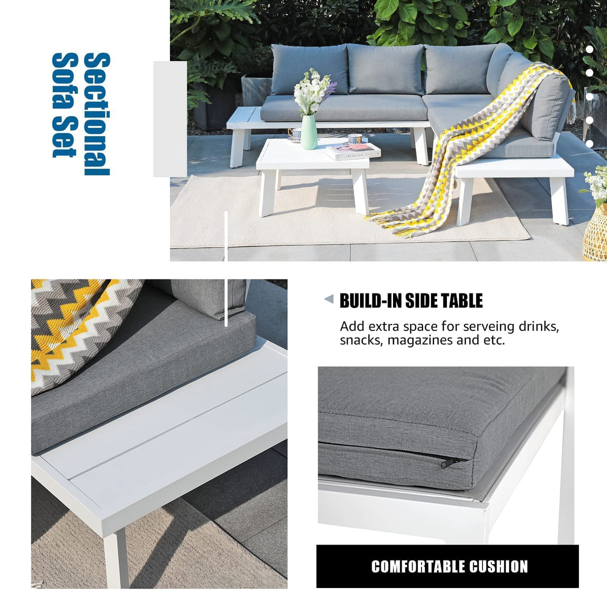 Soleil Jardin 4-Piece Outdoor Patio Furniture Set L-Shaped Aluminum Sectional Sofa with Coffee Table All-Weather Patio Conversation Set with Cushions, White Soleil Jardin