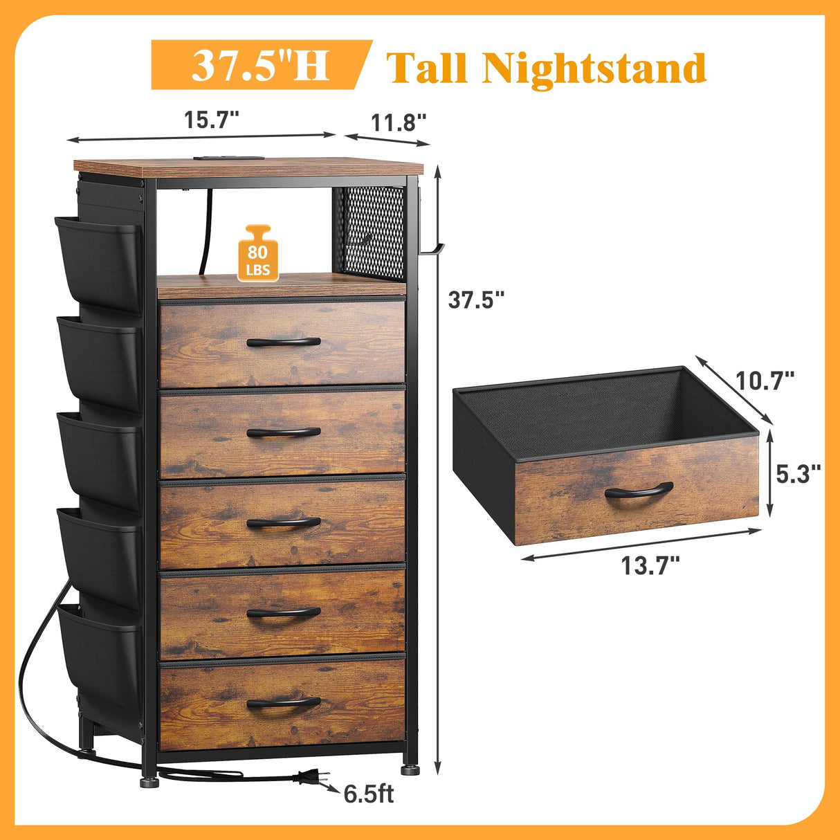 EnHomee Night Stand Set 2 with Charging Station, Tall Nightstand with 5 Drawers, LED Nightstands with USB Ports & Outlets, Night Stands with Extra Side Bag & Hooks, Side Table, Dresser, Bedroom, Brown EnHomee
