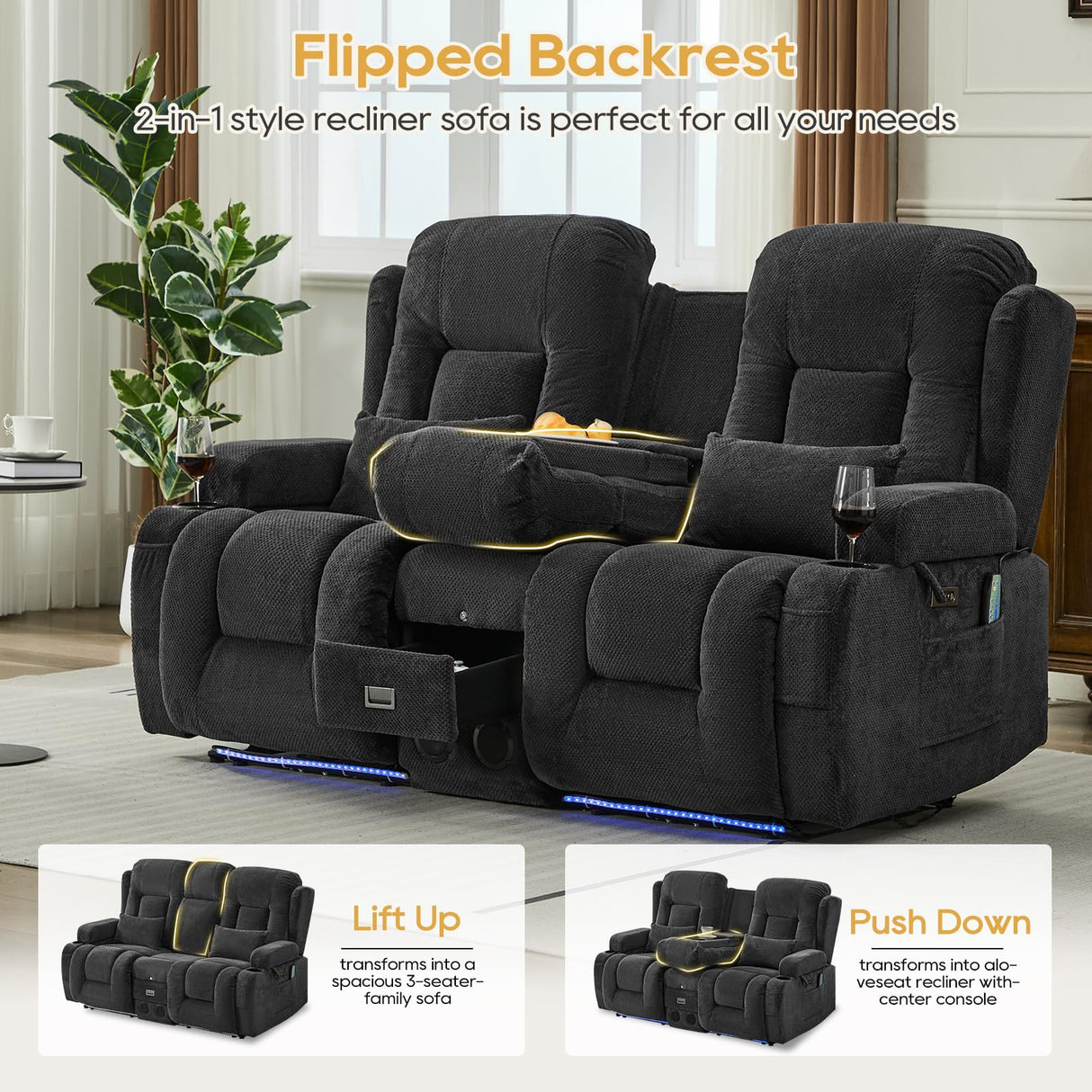 IPKIG Power Loveseat Recliner Sofa with Flip-Up Backrest Console, Drawer, AC Outlet, LED Light, Bluetooth Speakers, Wall Hugger Recliners for Living Room, RV, Home Theater (Charcoal, Loveseat) IPKIG