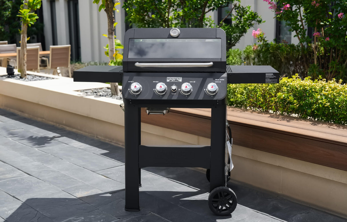 Monument Grills 4-Burner Liquid Propane Gas Grill, Black Stainless Steel Grill with Clearview® Lid and One Foldable Shelve for Outdoor Cooking Kitchen and Patio Backyard, Mesa420MF with BBQ Cover Monument Grills